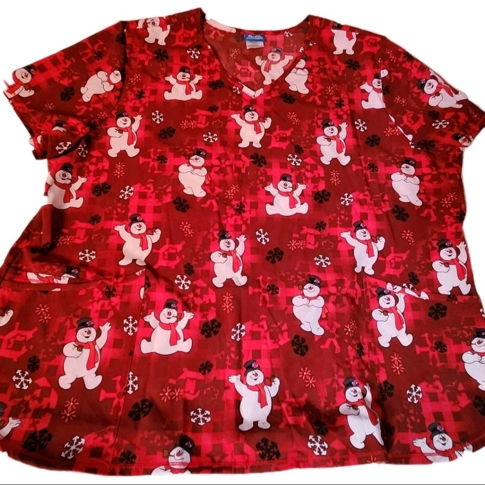 Frosty The Snowman Short Sleeved Scrub Top 3X Pockets Red Snowflakes Winter